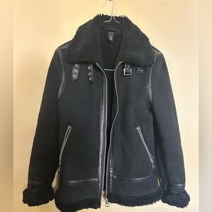 Black Faux Shearling Jacket with Leather Trim